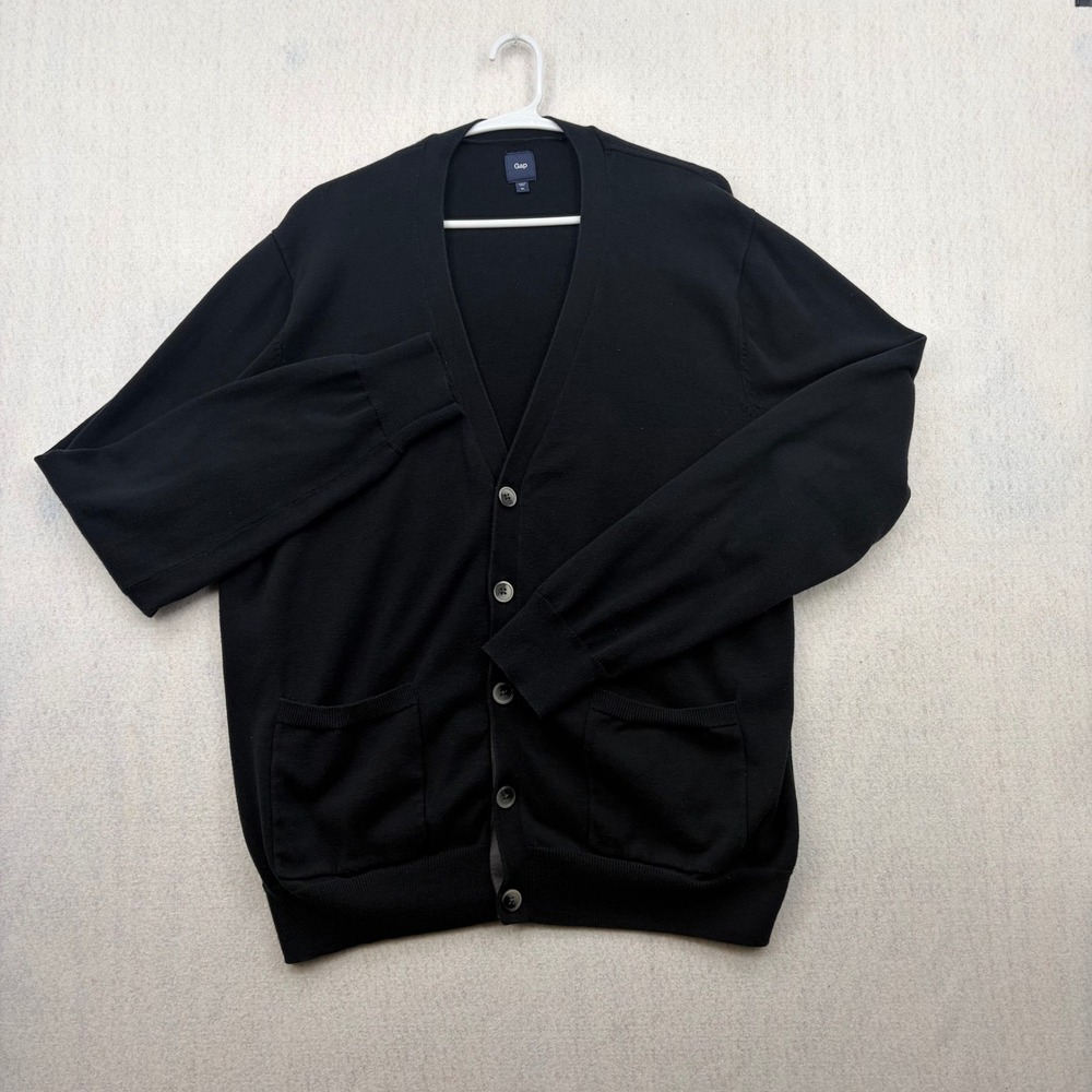 Gap Womens XL Black 100% Cotton V-Neck Button Front Cardigan Sweater Pockets
